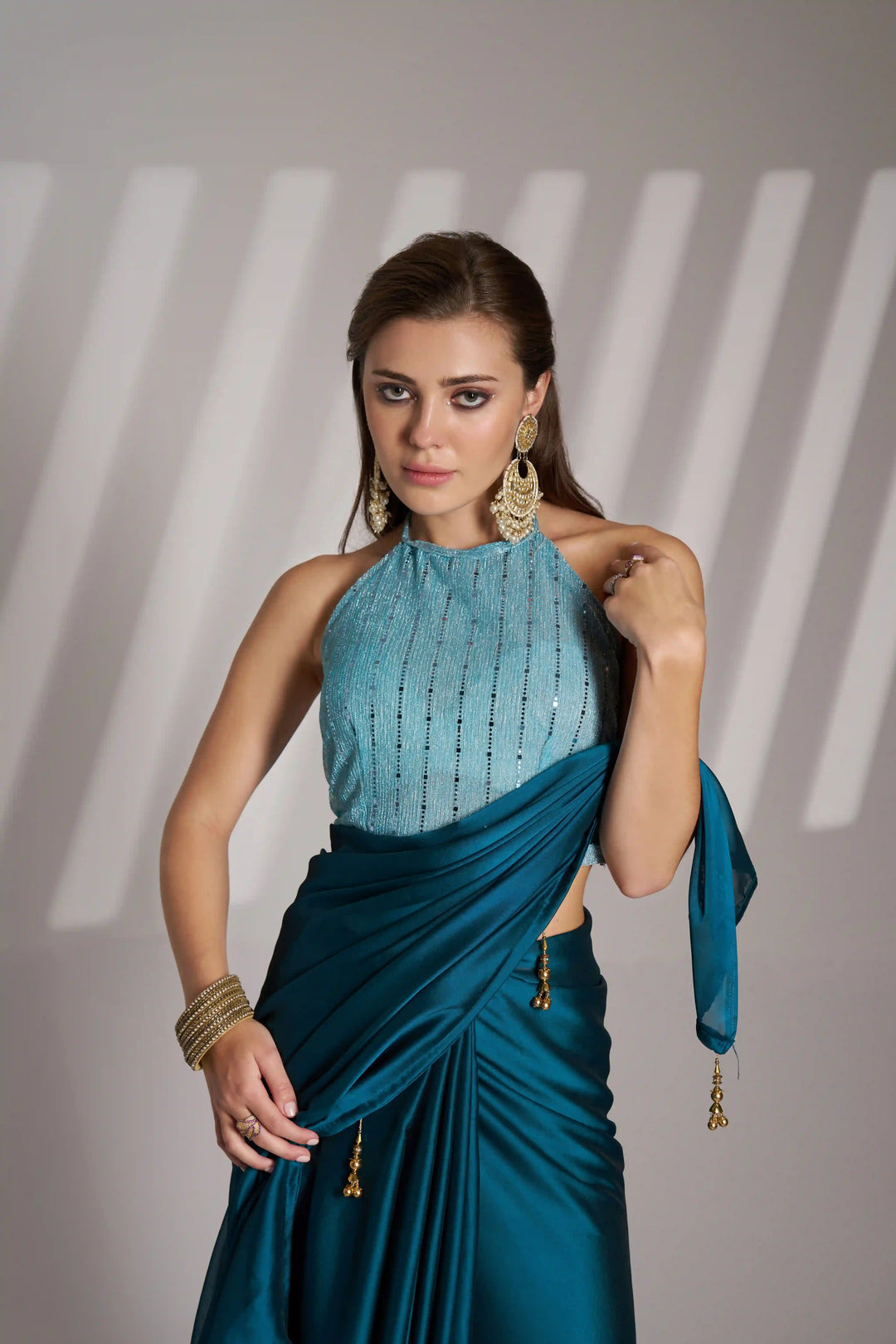 Satin Rangoli Teal Blue Saree | Elegant Art Silk Blouse Festive Look