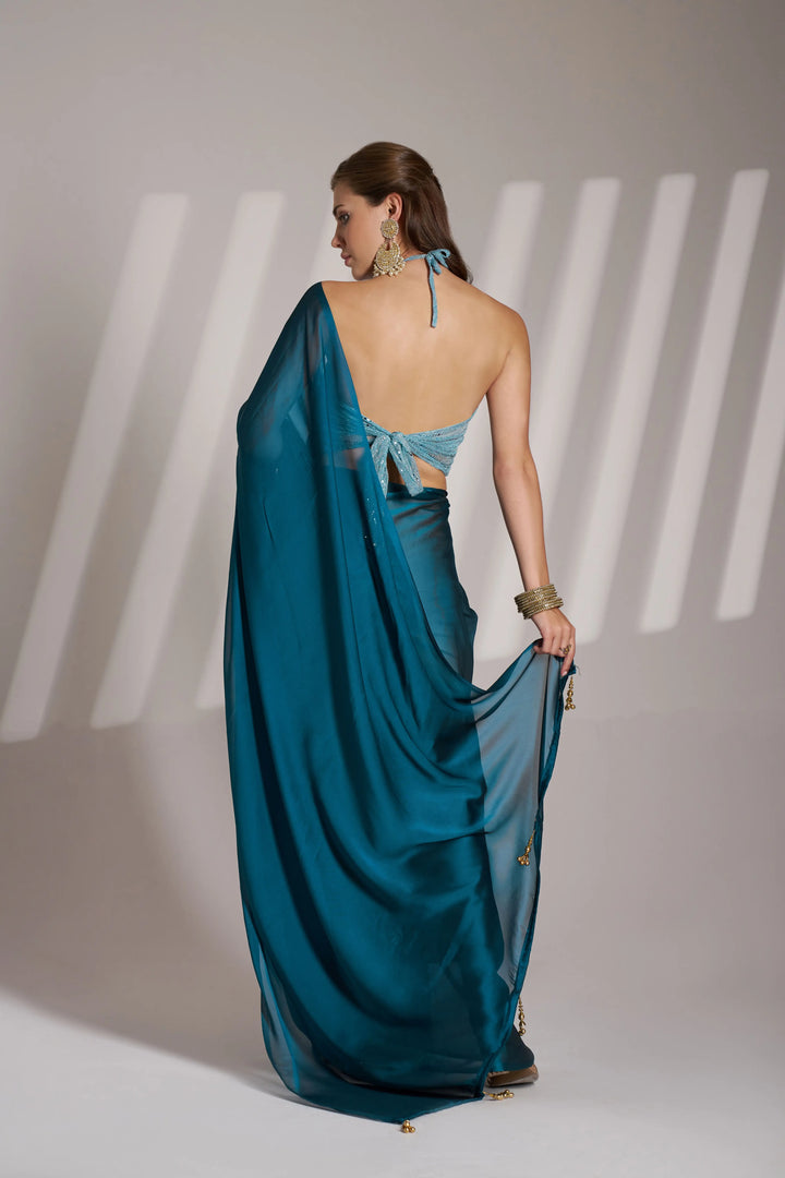 Satin Rangoli Teal Blue Saree | Elegant Art Silk Blouse Festive Look