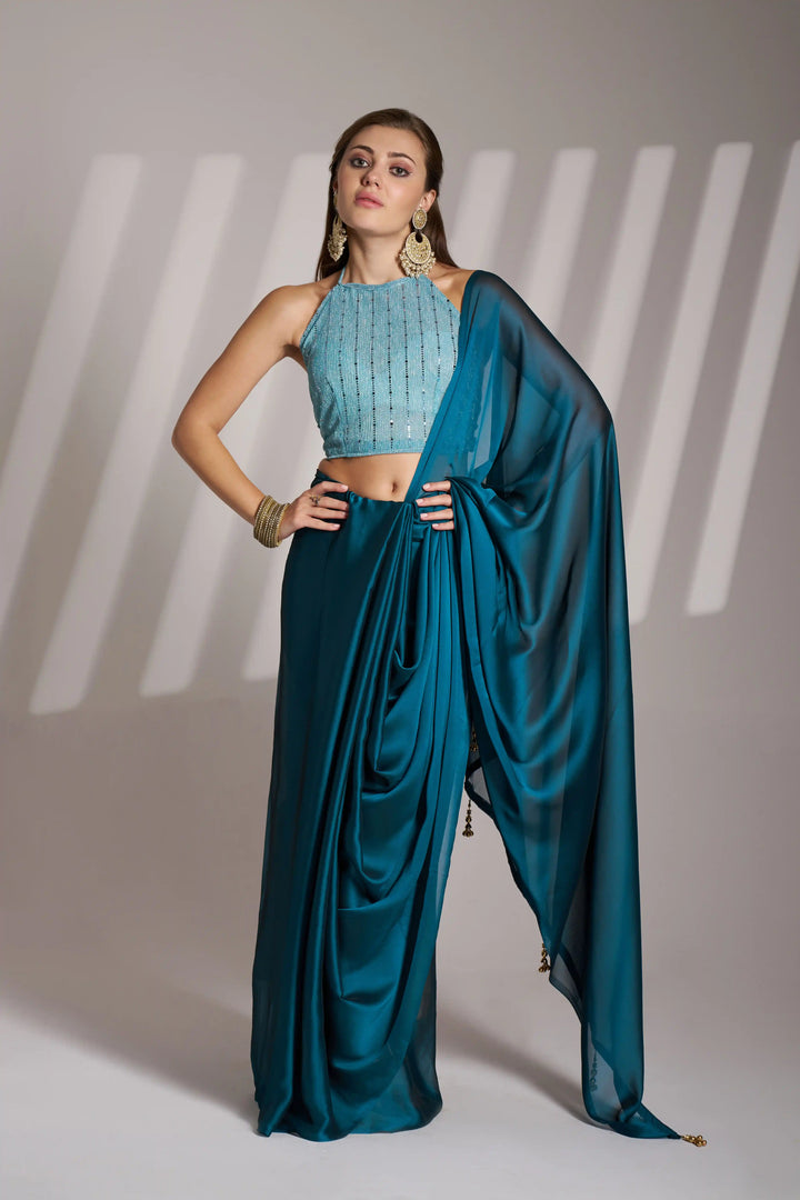 Satin Rangoli Teal Blue Saree | Elegant Art Silk Blouse Festive Look