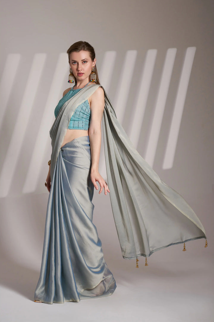 Modern Light Gray Saree | Satin Rangoli Weave Designer Art Silk Blouse
