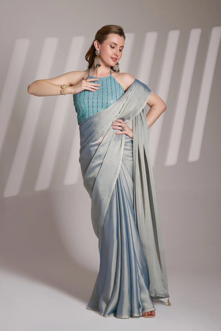 Modern Light Gray Saree | Satin Rangoli Weave Designer Art Silk Blouse