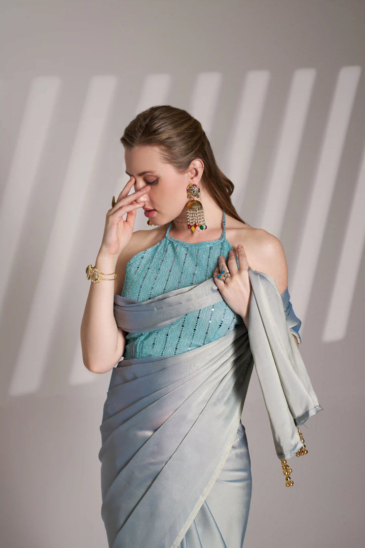 Modern Light Gray Saree | Satin Rangoli Weave Designer Art Silk Blouse