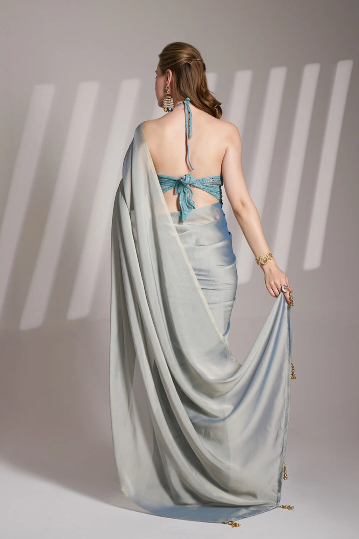 Modern Light Gray Saree | Satin Rangoli Weave Designer Art Silk Blouse
