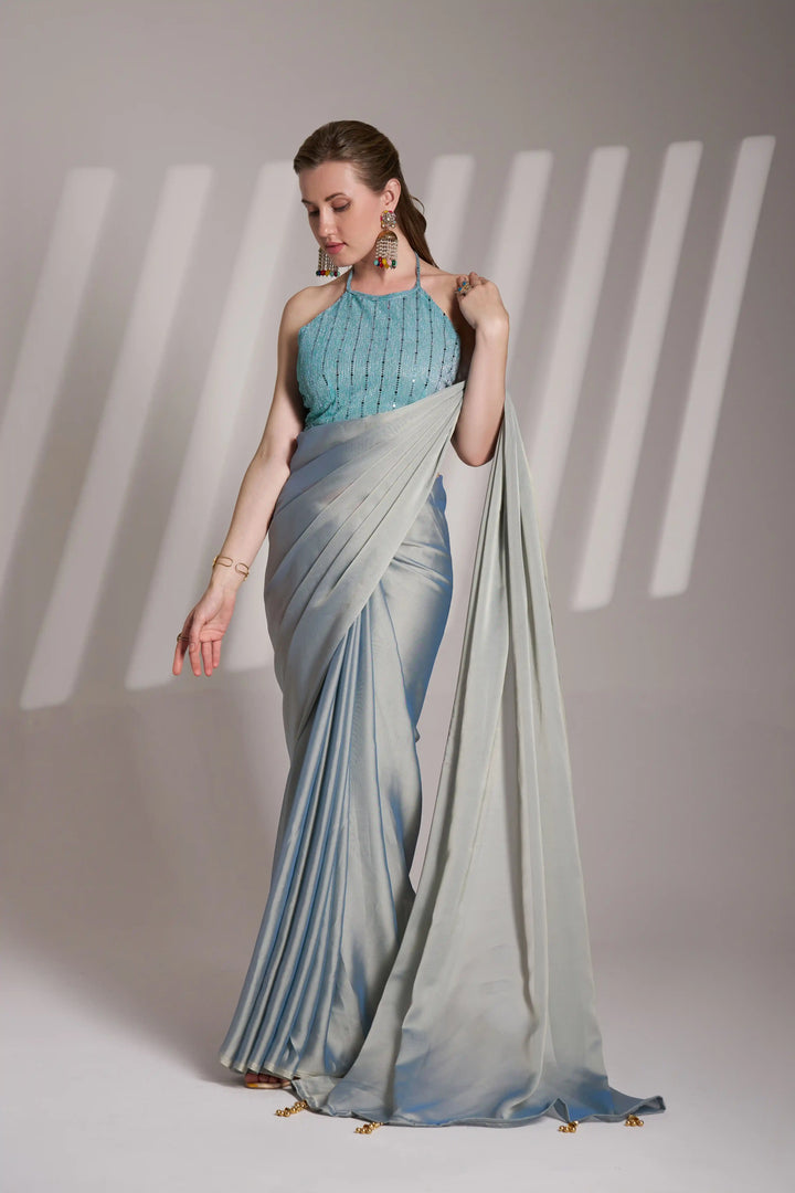 Modern Light Gray Saree | Satin Rangoli Weave Designer Art Silk Blouse