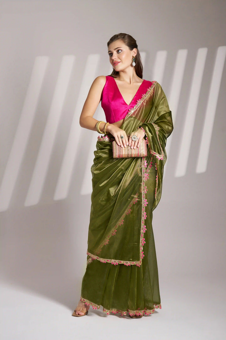 Mahendi Twill Net Saree | Stylish Solid Fancy Art Silk Blouse