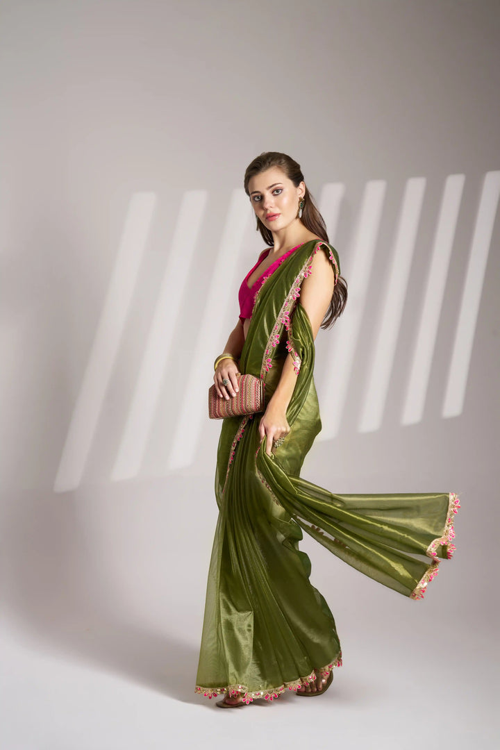 Mahendi Twill Net Saree | Stylish Solid Fancy Art Silk Blouse