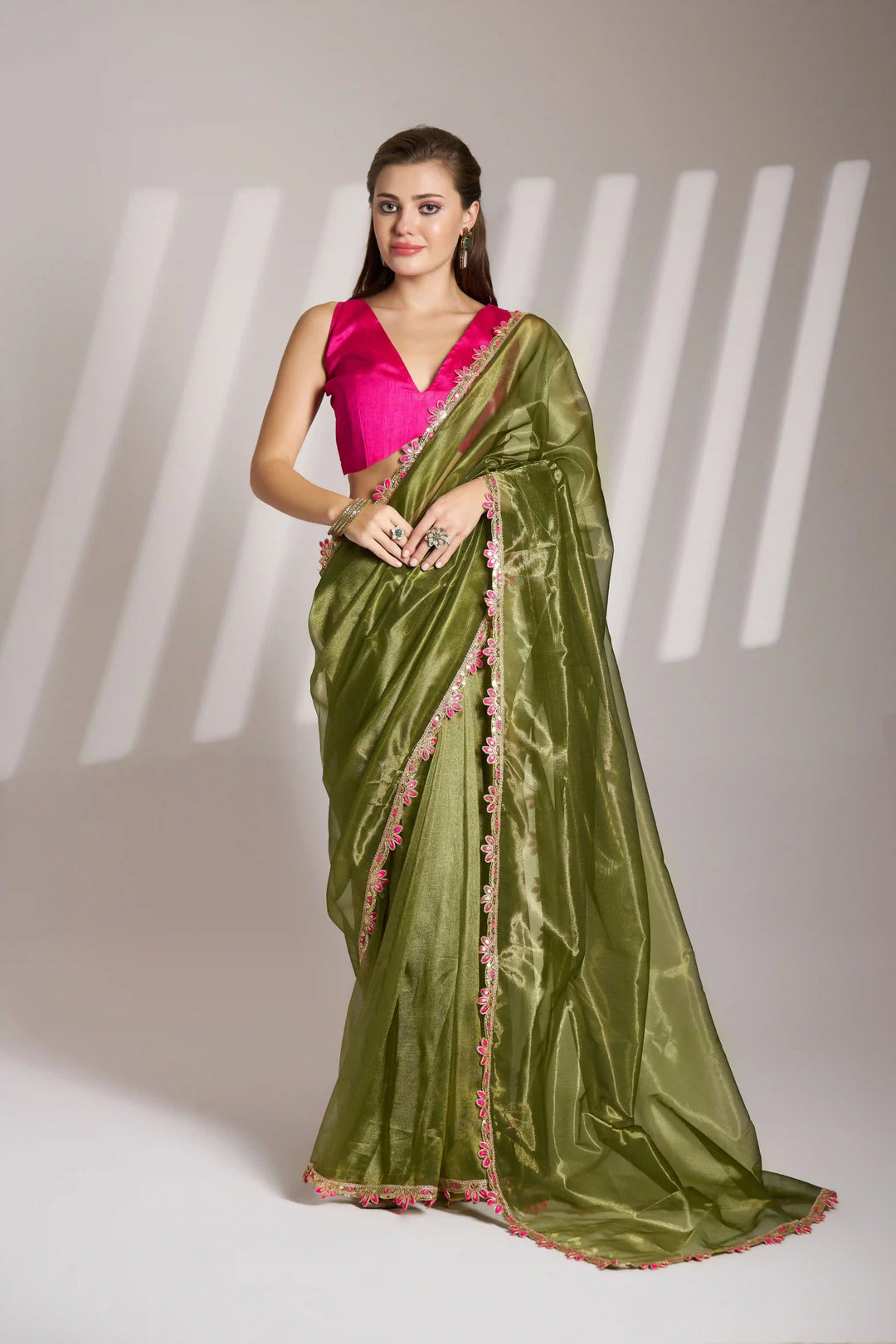 Mahendi Twill Net Saree | Stylish Solid Fancy Art Silk Blouse