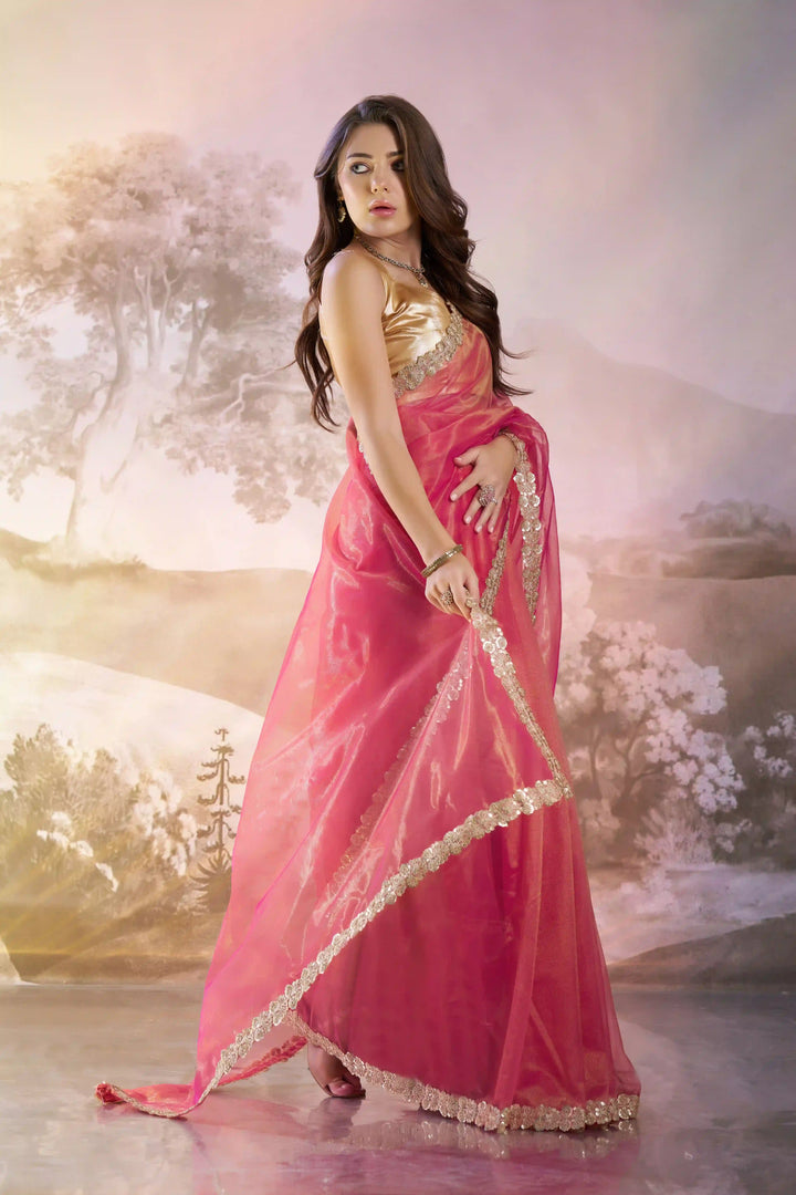Stunning Rani Red Saree | Twill Net Fabric  Solid Fancy Art Silk Blouse