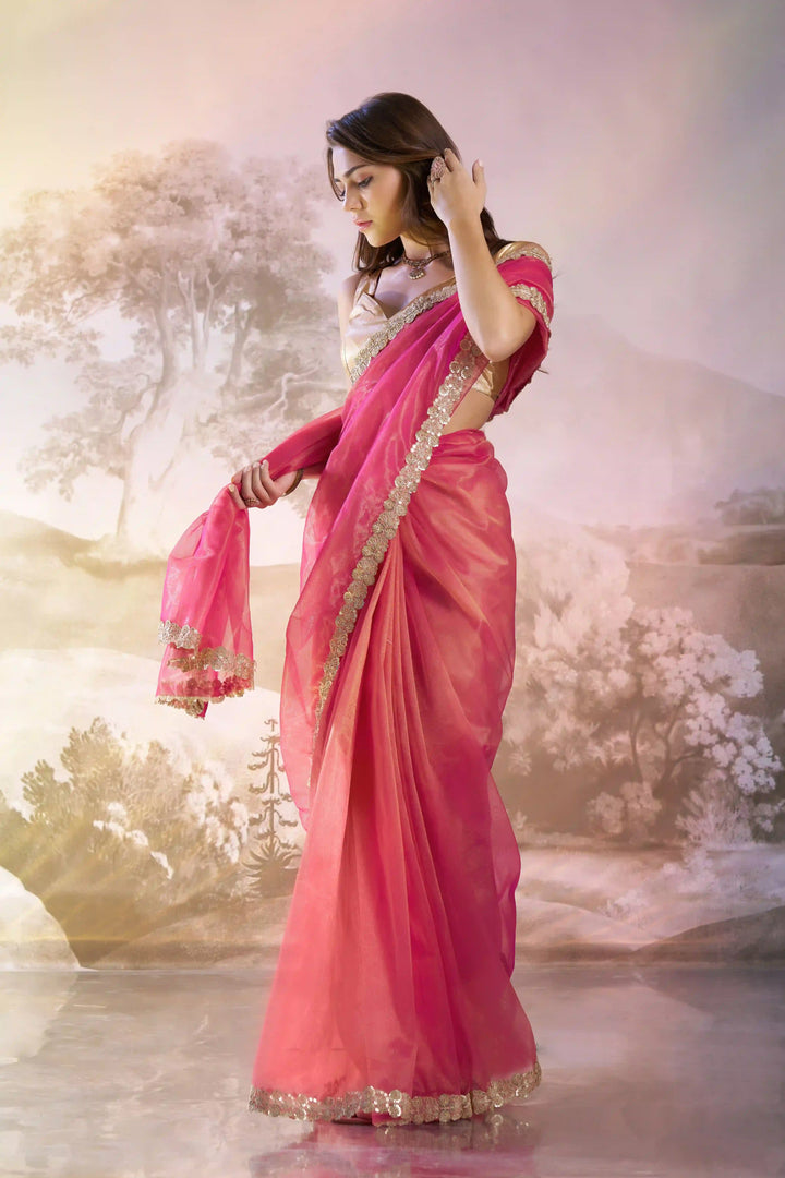 Stunning Rani Red Saree | Twill Net Fabric  Solid Fancy Art Silk Blouse