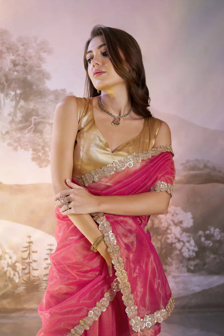 Stunning Rani Red Saree | Twill Net Fabric  Solid Fancy Art Silk Blouse
