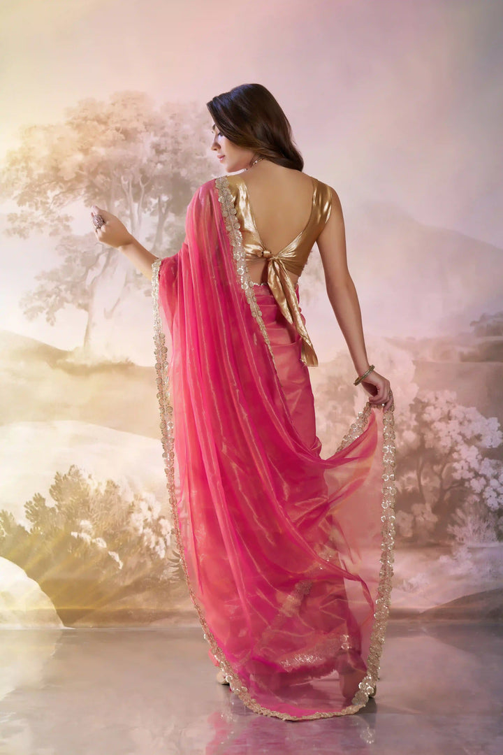 Stunning Rani Red Saree | Twill Net Fabric  Solid Fancy Art Silk Blouse