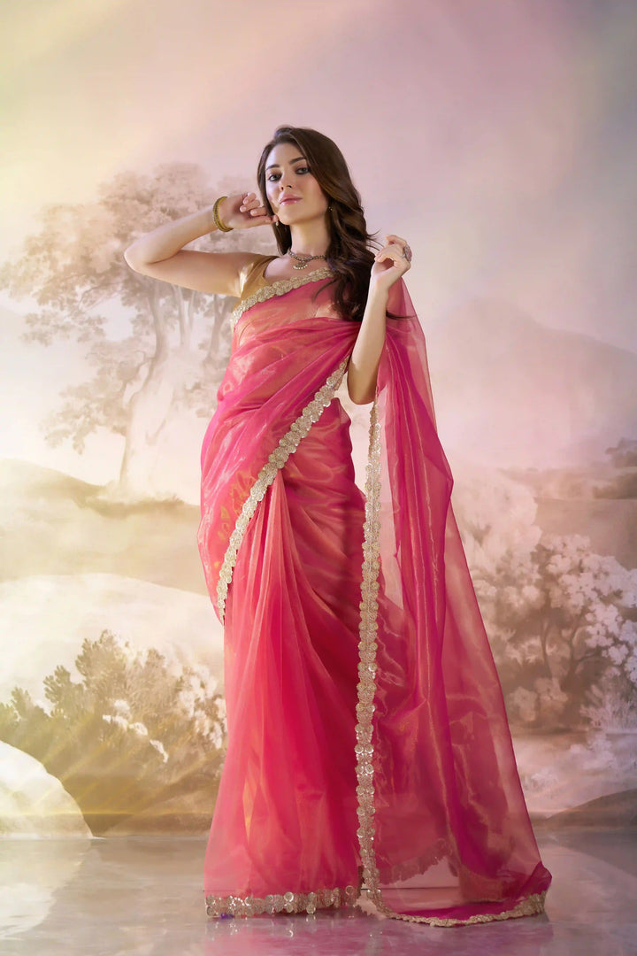 Stunning Rani Red Saree | Twill Net Fabric  Solid Fancy Art Silk Blouse