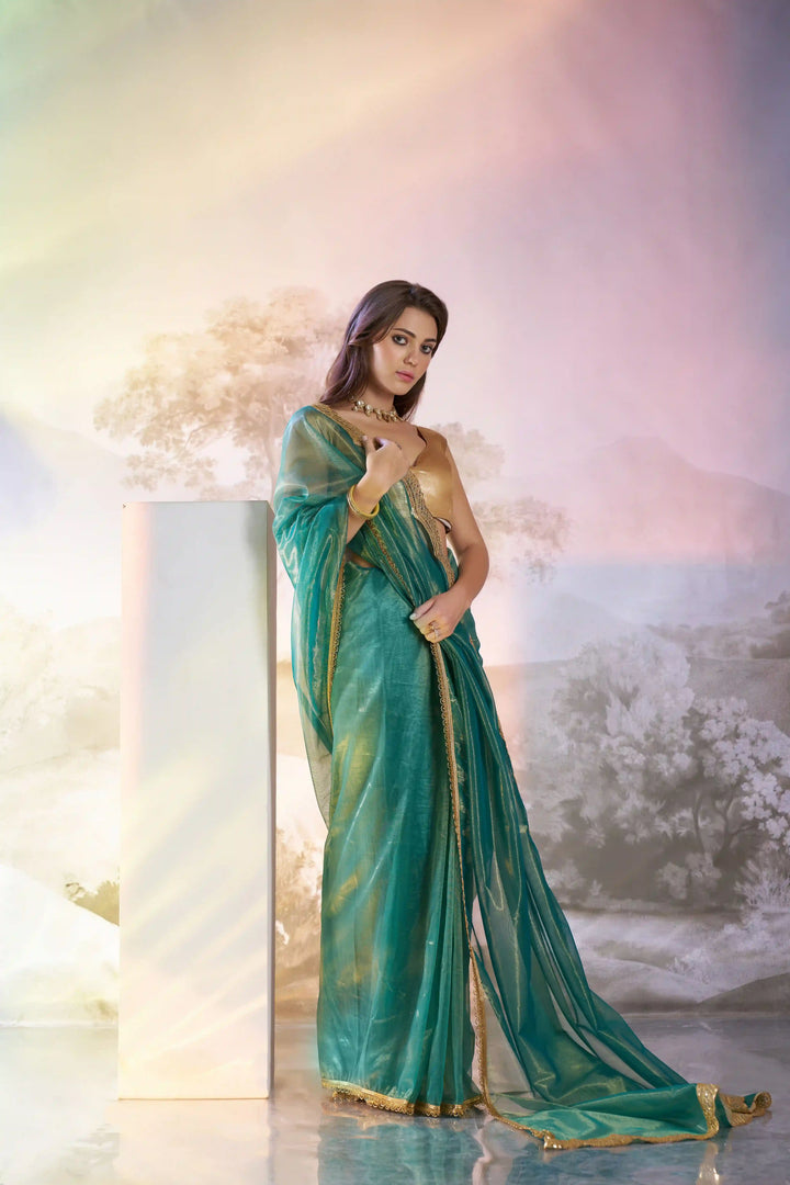 Exclusive Rama Twill Net Saree | Fancy Solid Work Party Wear Pick