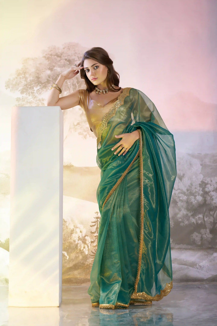 Exclusive Rama Twill Net Saree | Fancy Solid Work Party Wear Pick
