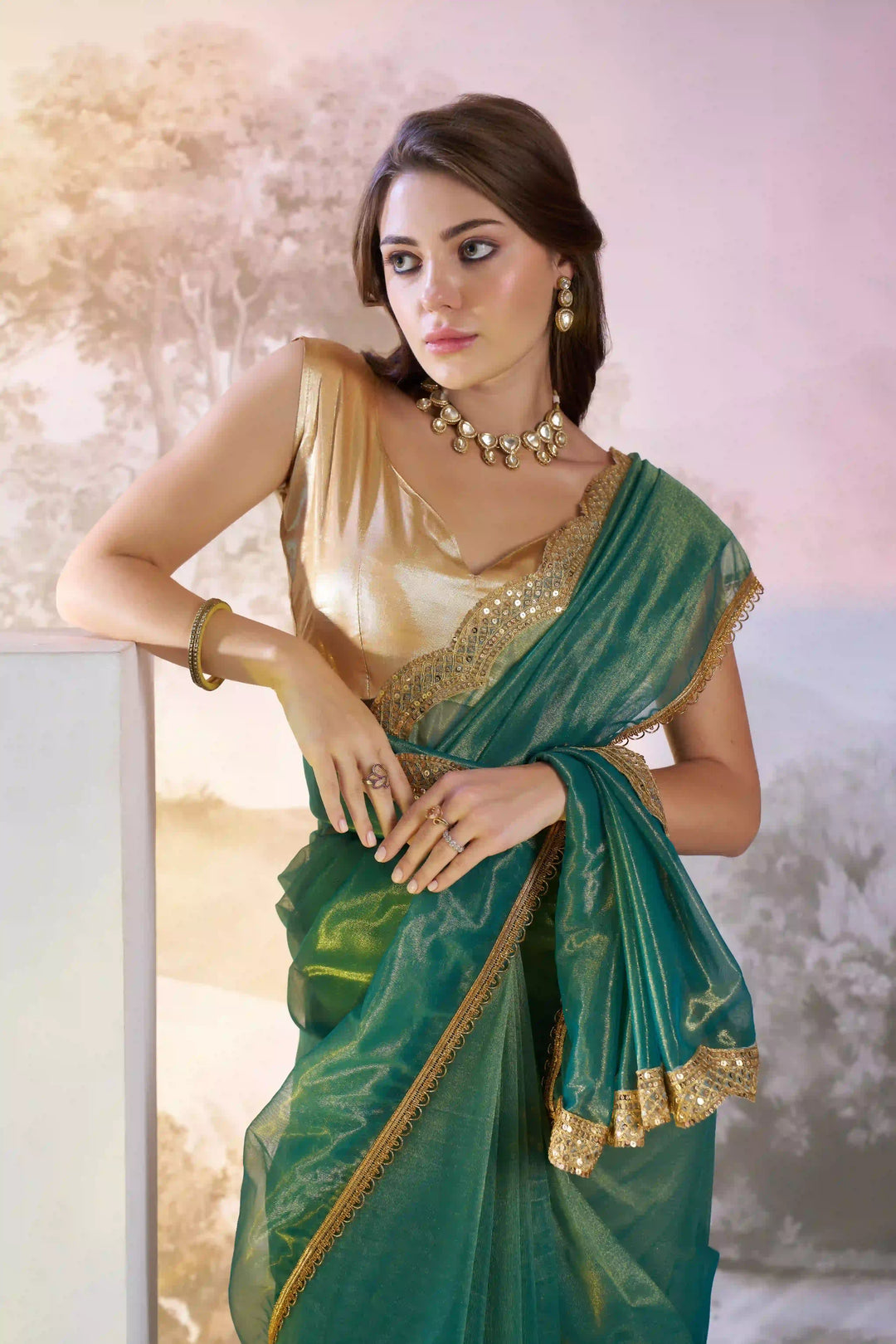 Exclusive Rama Twill Net Saree | Fancy Solid Work Party Wear Pick