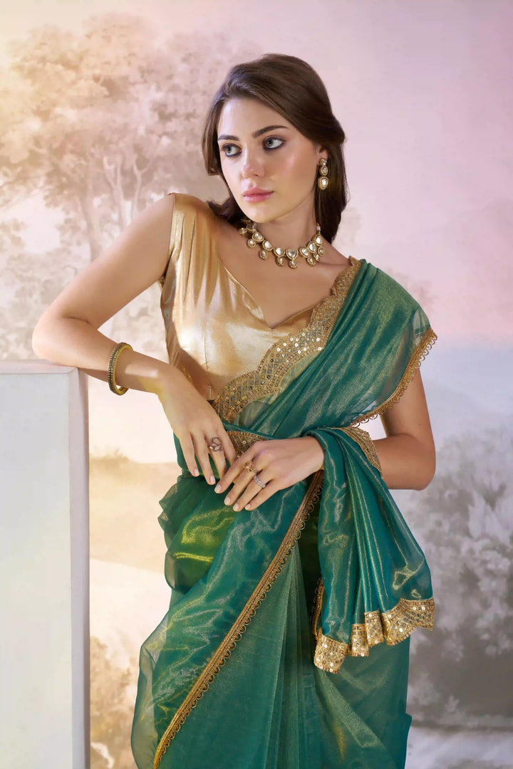 Exclusive Rama Twill Net Saree | Fancy Solid Work Party Wear Pick