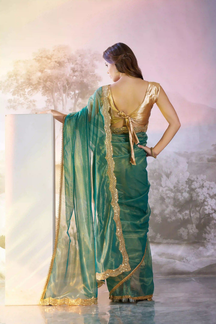 Exclusive Rama Twill Net Saree | Fancy Solid Work Party Wear Pick