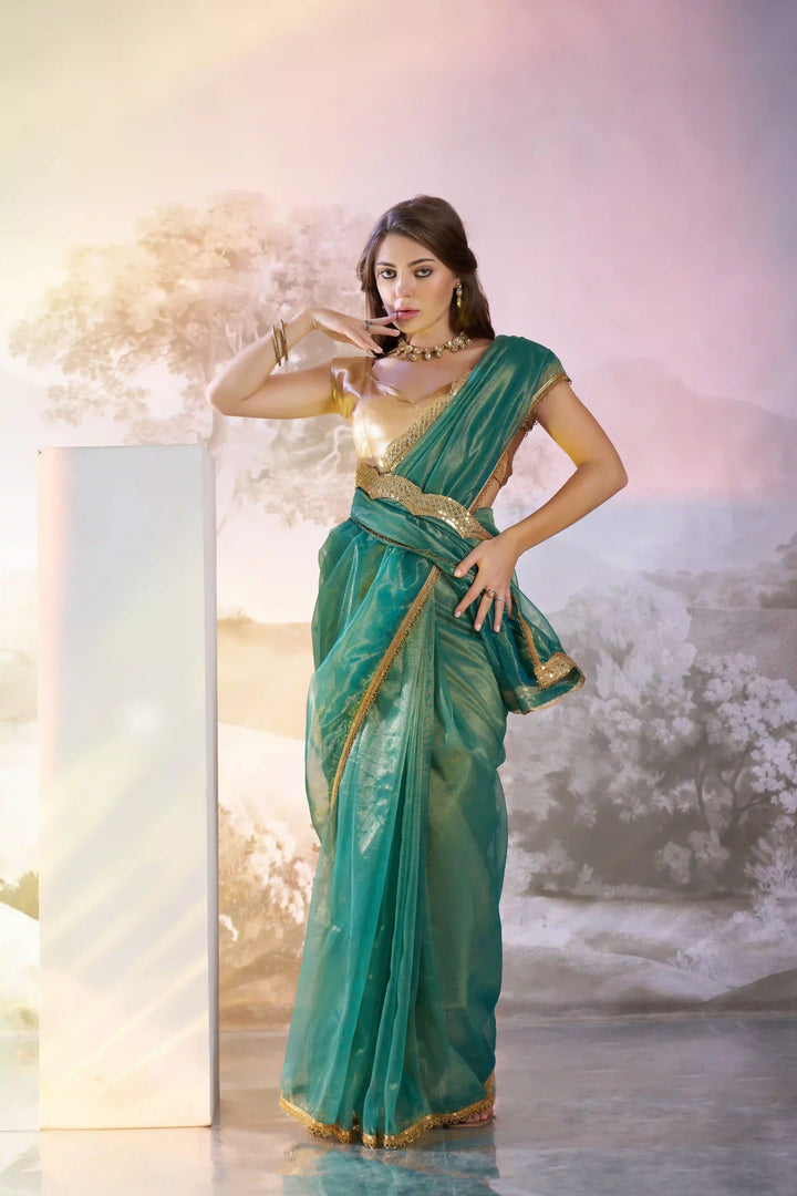 Exclusive Rama Twill Net Saree | Fancy Solid Work Party Wear Pick