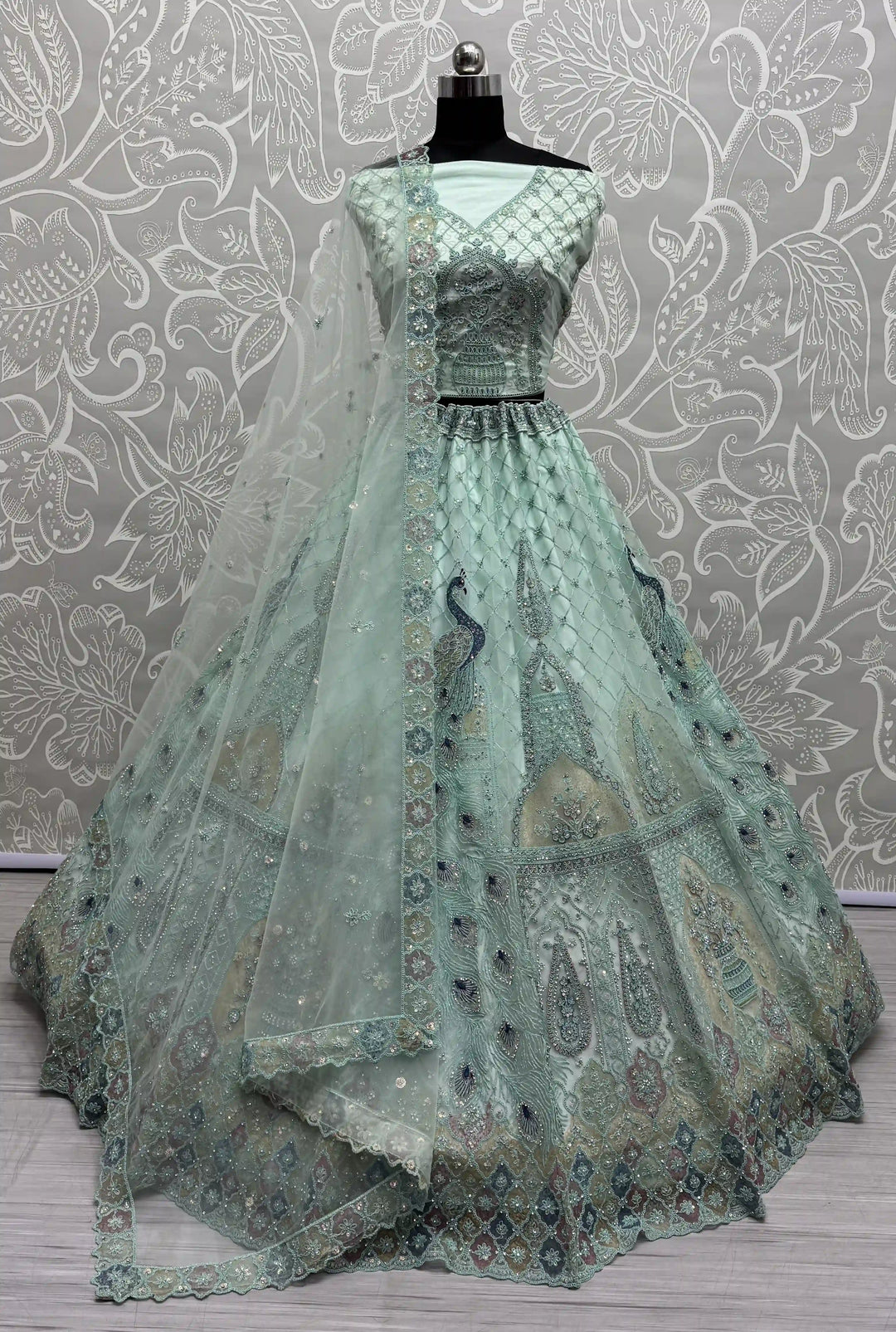 Designer Bridal Net Lehenga Choli | Zarkan & Thread Embroidery Ensemble
