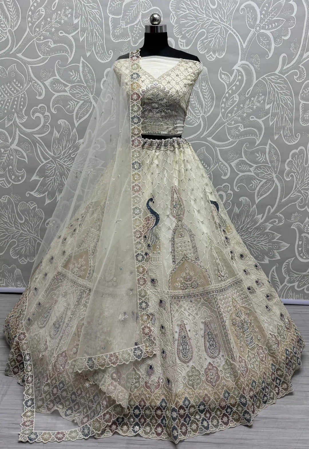 Designer Bridal Net Lehenga Choli | Zarkan & Thread Embroidery Ensemble