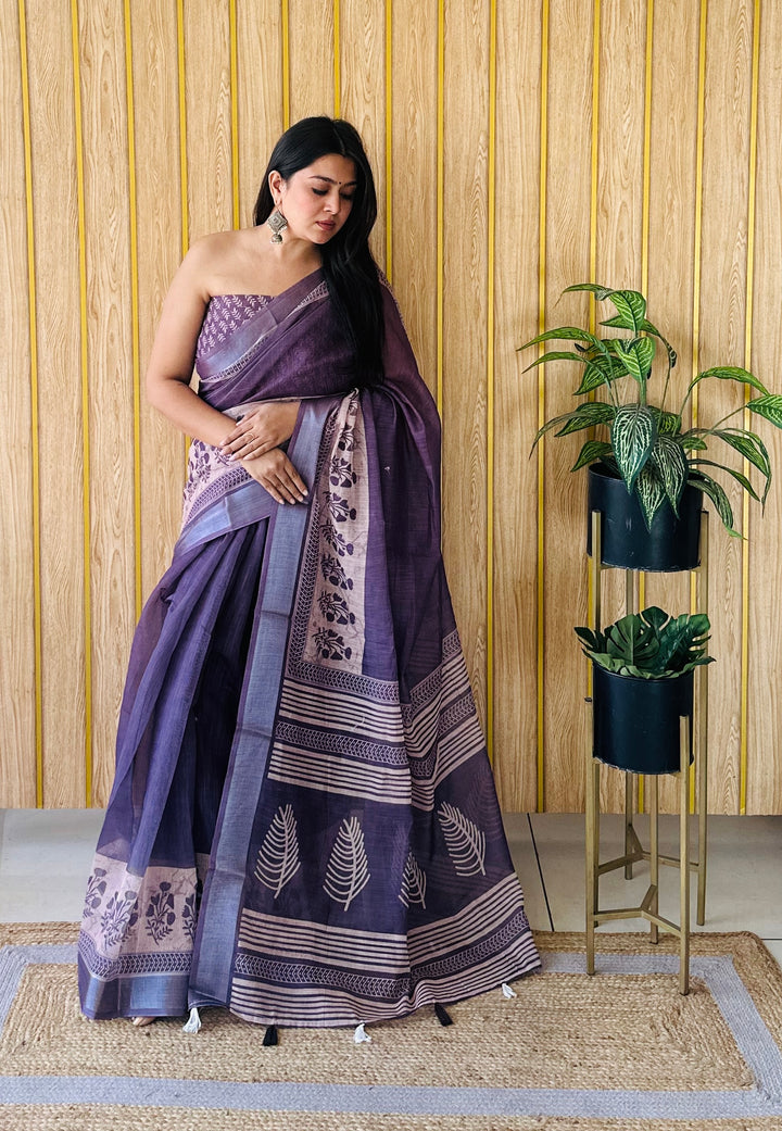 Purple Festive Wear Linen Cotton Saree | Stunning Digital Batik Print