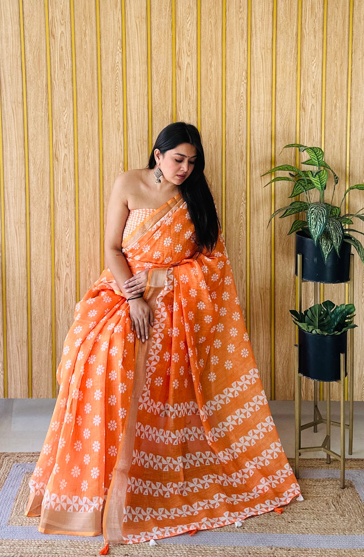 Stylish Digital Batik Saree | Orange Cotton Linen with Blouse