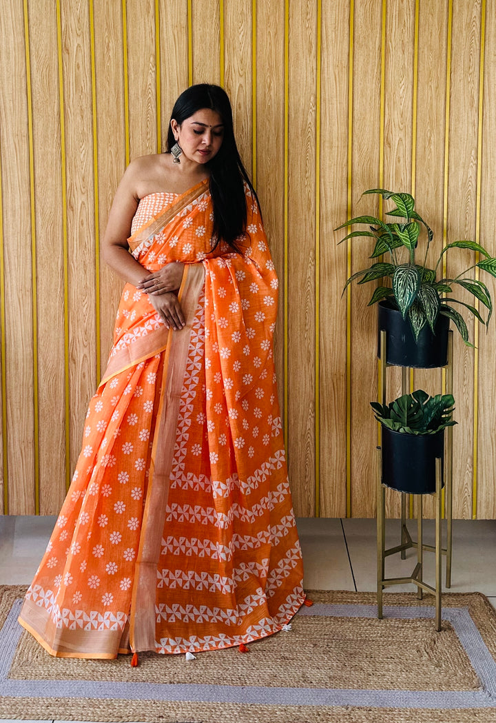 Stylish Digital Batik Saree | Orange Cotton Linen with Blouse