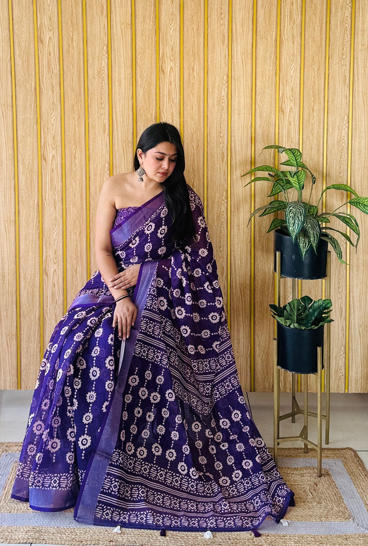 Voilet Batik Printed Saree | Linen Cotton Soft Fabric for Festive Wear