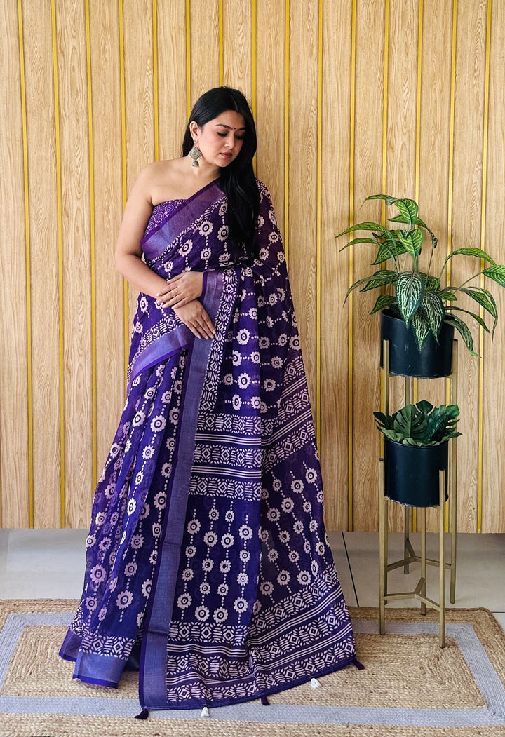 Voilet Batik Printed Saree | Linen Cotton Soft Fabric for Festive Wear