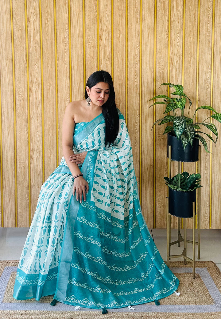 Stylish Batik Print Saree | Linen Cotton Fabric Sea Green Beauty