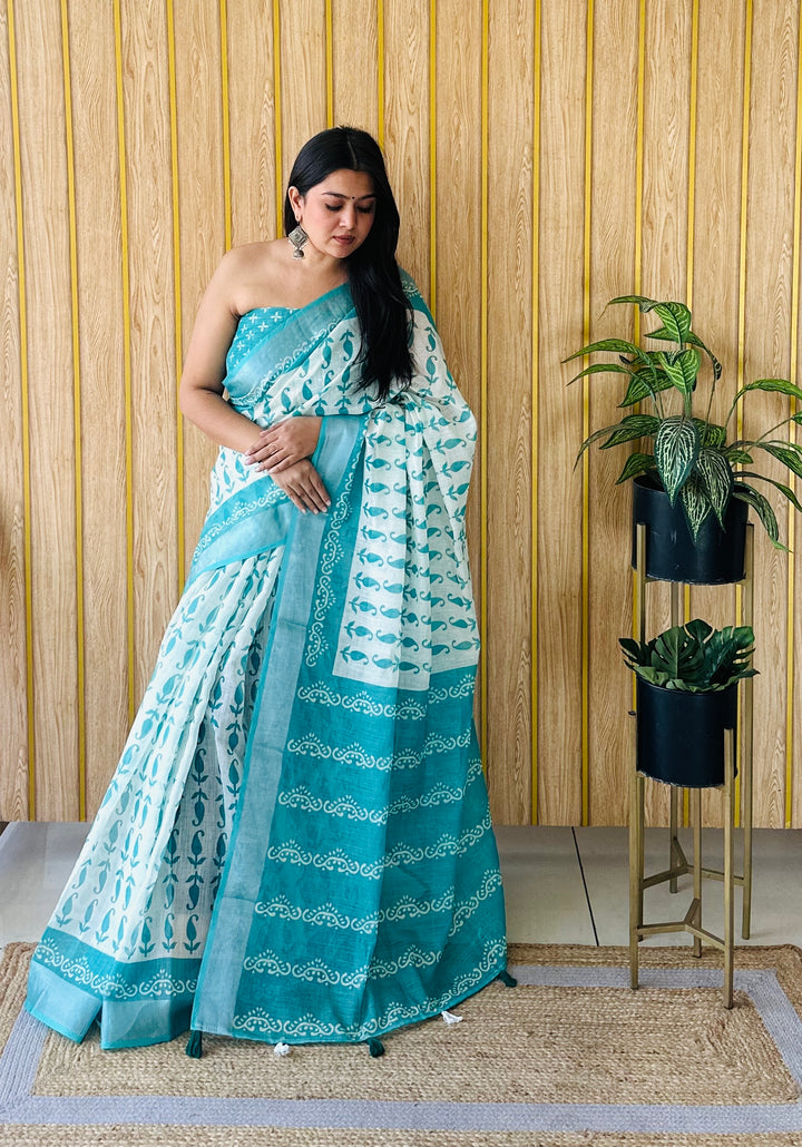 Stylish Batik Print Saree | Linen Cotton Fabric Sea Green Beauty