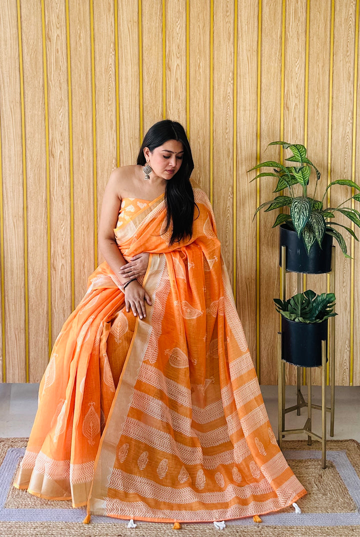 Premium Digital Batik Saree | Orange Linen Cotton Blouse Included