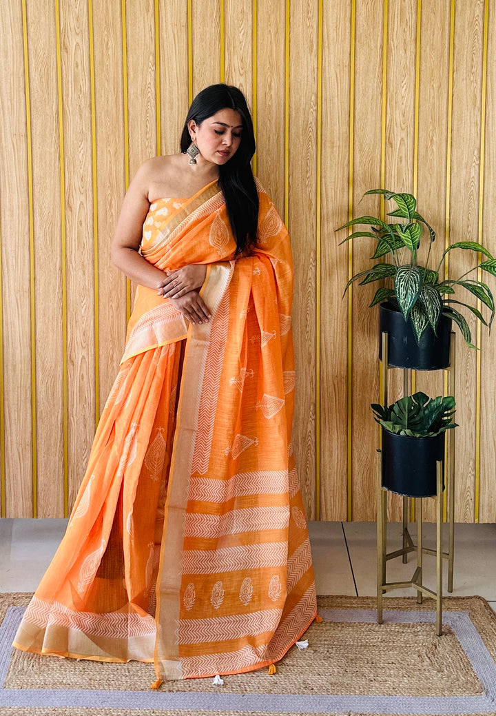 Premium Digital Batik Saree | Orange Linen Cotton Blouse Included