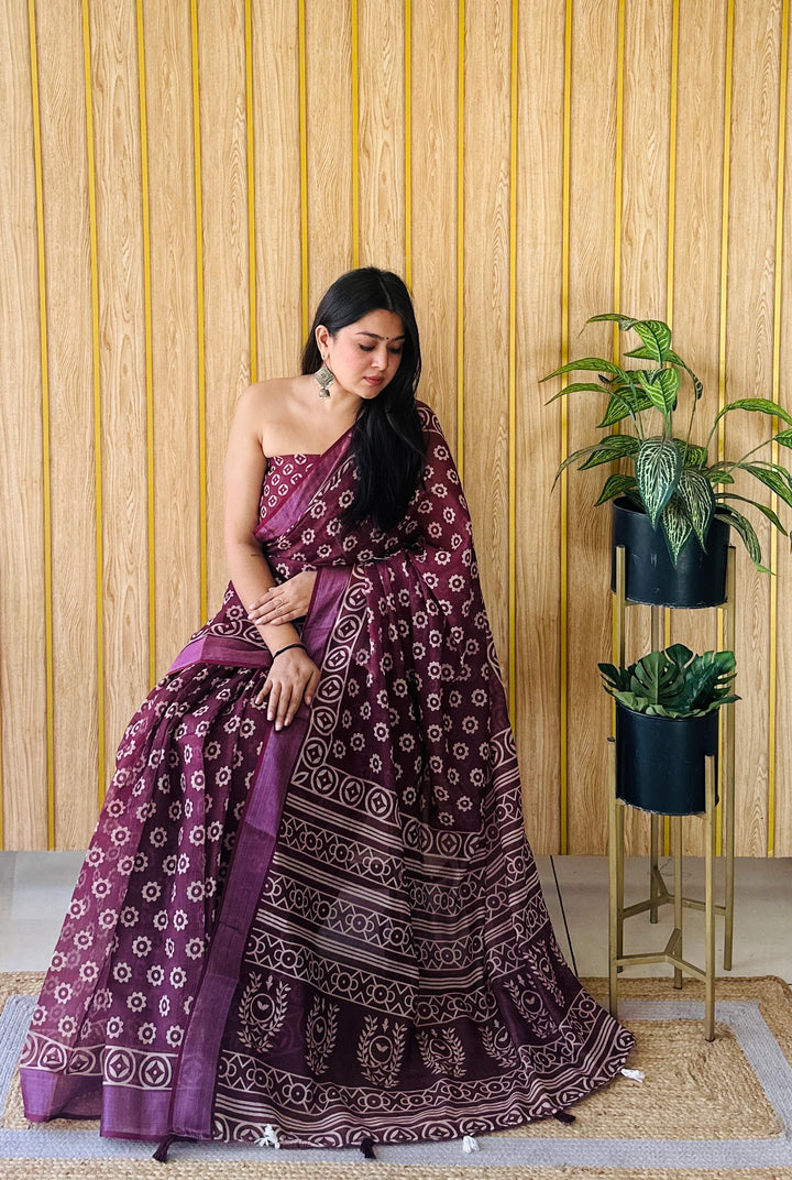 Luxurious Burgundy Saree | Linen Cotton Blend with Digital Batik Print