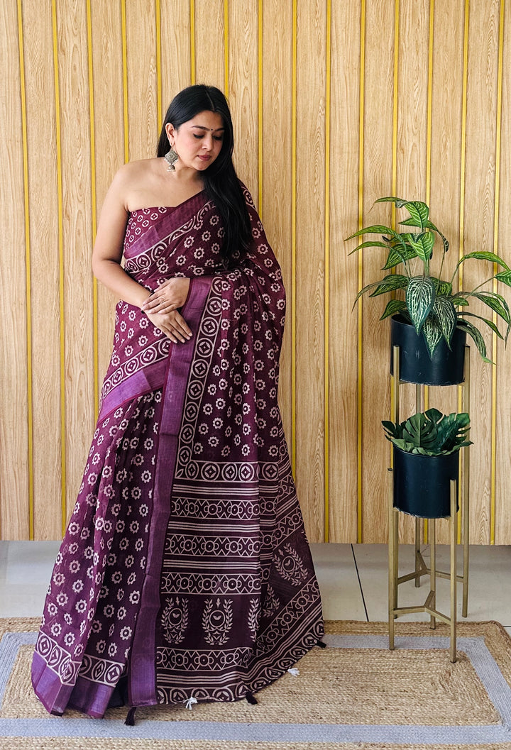 Luxurious Burgundy Saree | Linen Cotton Blend with Digital Batik Print
