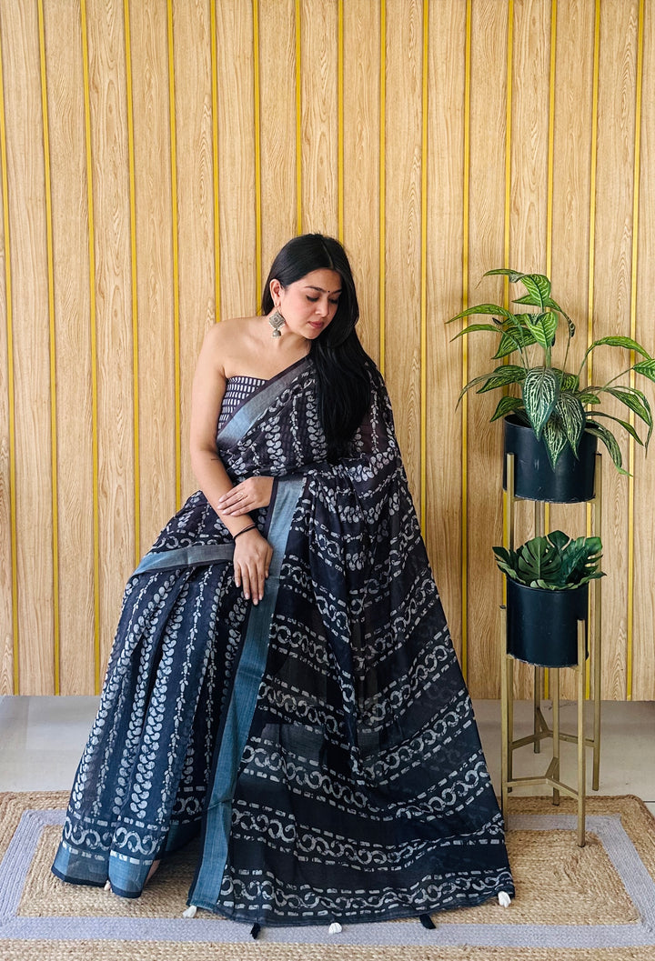 Designer Teal Saree | Digital Batik Print in Linen Cotton Fabric