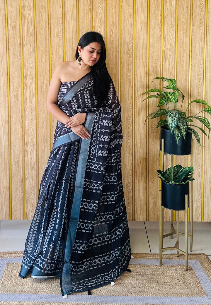 Designer Teal Saree | Digital Batik Print in Linen Cotton Fabric