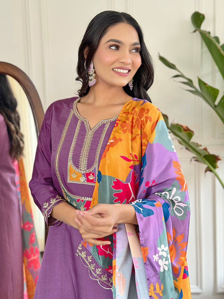 Gorgeous Lavender Viscose Slub Suit | Designer Embroidery Work Printed Dupatta