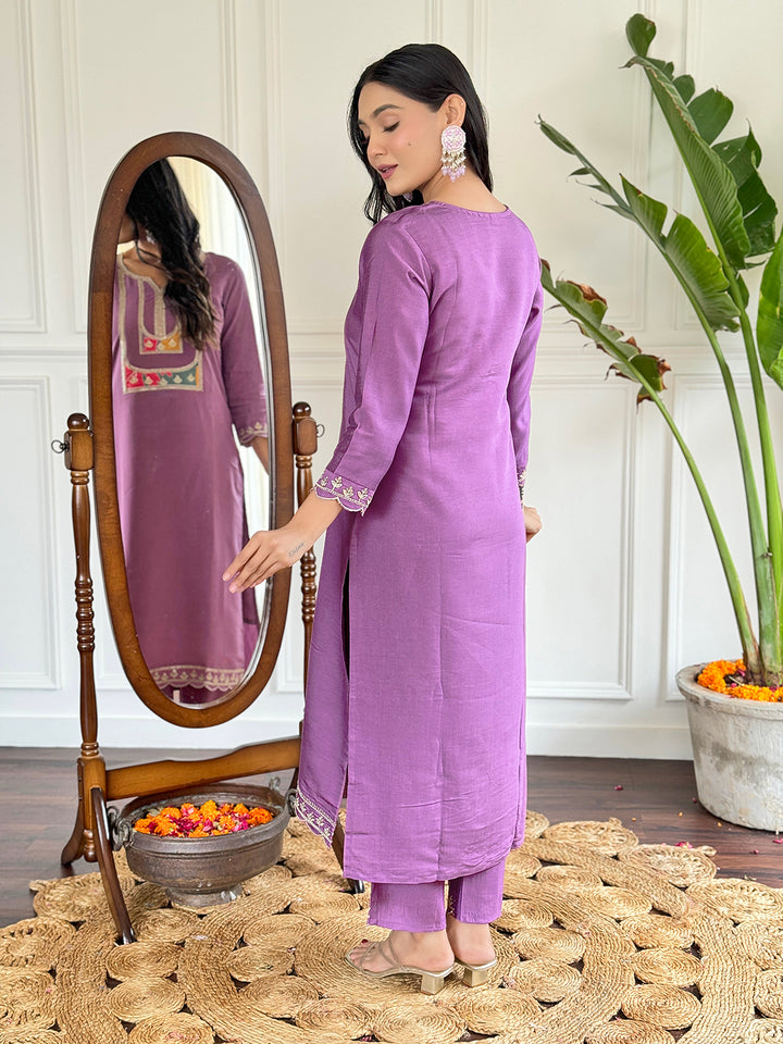 Gorgeous Lavender Viscose Slub Suit | Designer Embroidery Work Printed Dupatta