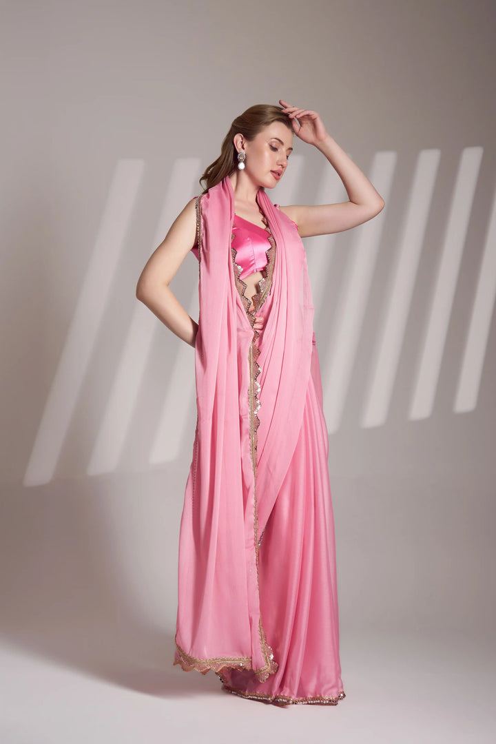 Partywear Pink Saree | Art Silk Blouse Soft & Lightweight Drape
