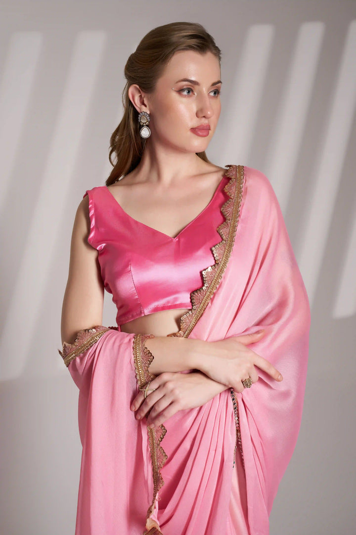 Partywear Pink Saree | Art Silk Blouse Soft & Lightweight Drape