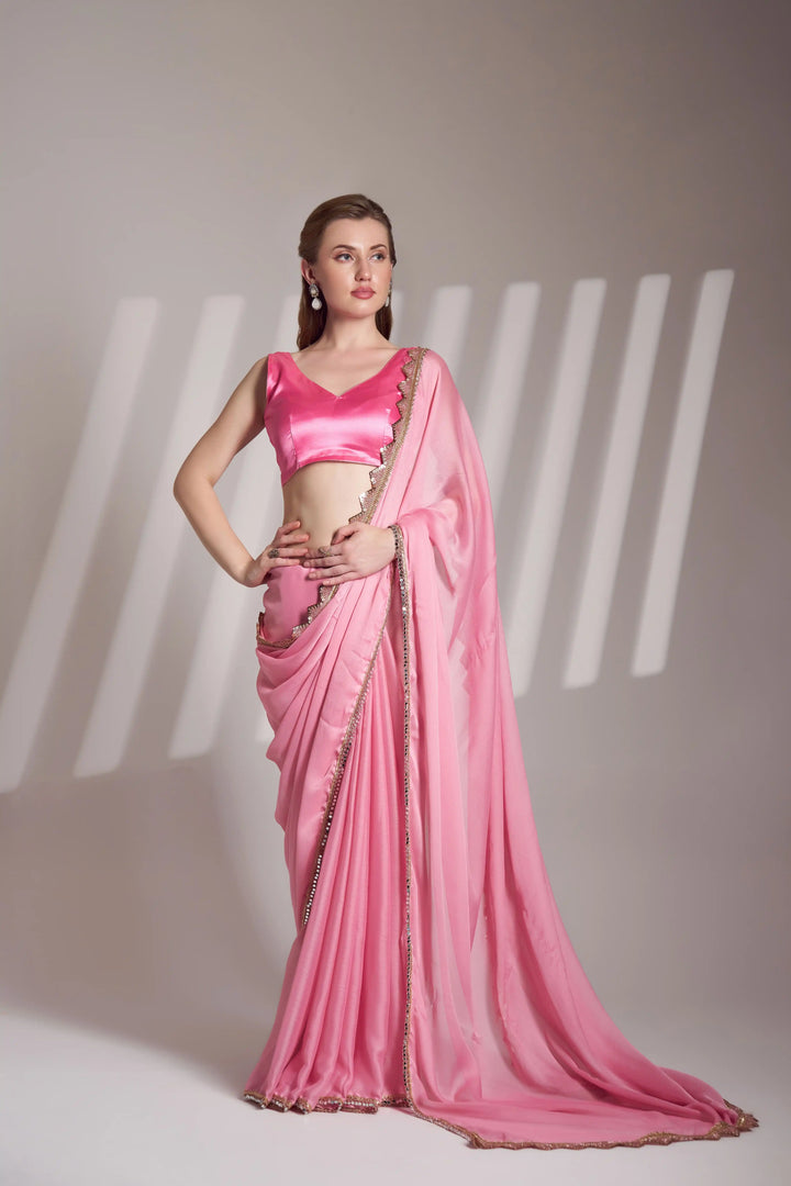 Partywear Pink Saree | Art Silk Blouse Soft & Lightweight Drape