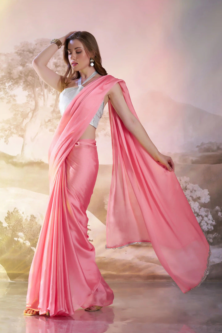Premium Satin Saree Solid Fancy Work | Art Silk Blouse  Occasion Wear