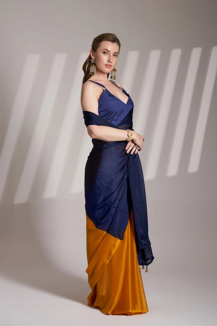 Navy Blue Exclusive Party Wear Satin Saree | Beautiful Solid Fancy Designer Piece