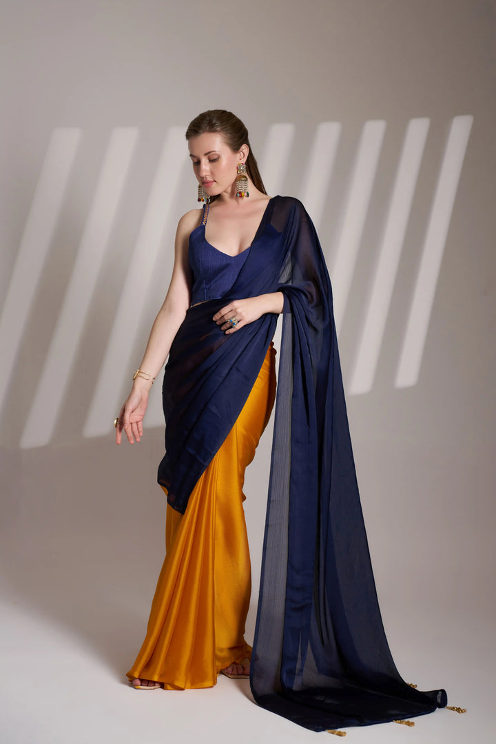 Navy Blue Exclusive Party Wear Satin Saree | Beautiful Solid Fancy Designer Piece