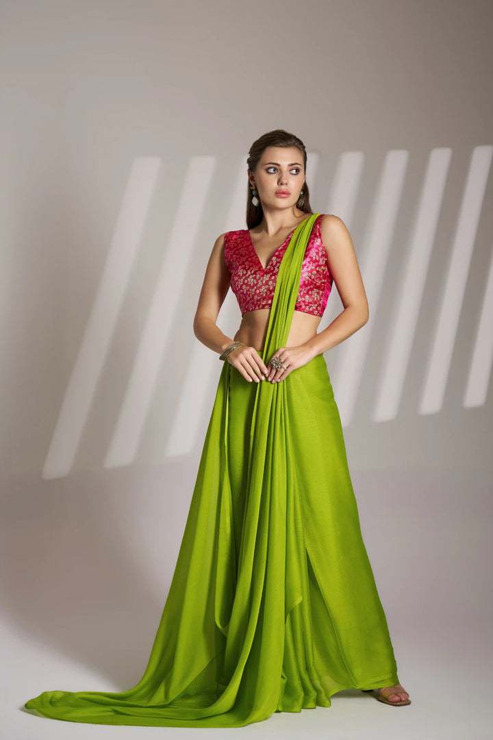 Parrot Green Chiffon Saree | Stunning Art Silk Blouse Festive Wear