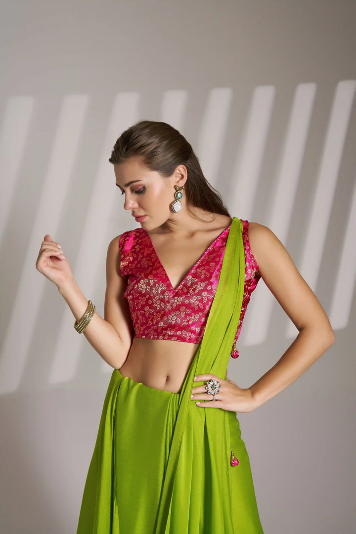 Parrot Green Chiffon Saree | Stunning Art Silk Blouse Festive Wear