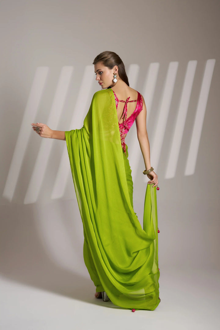 Parrot Green Chiffon Saree | Stunning Art Silk Blouse Festive Wear
