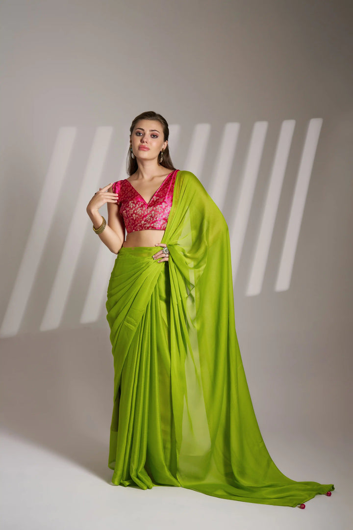 Parrot Green Chiffon Saree | Stunning Art Silk Blouse Festive Wear