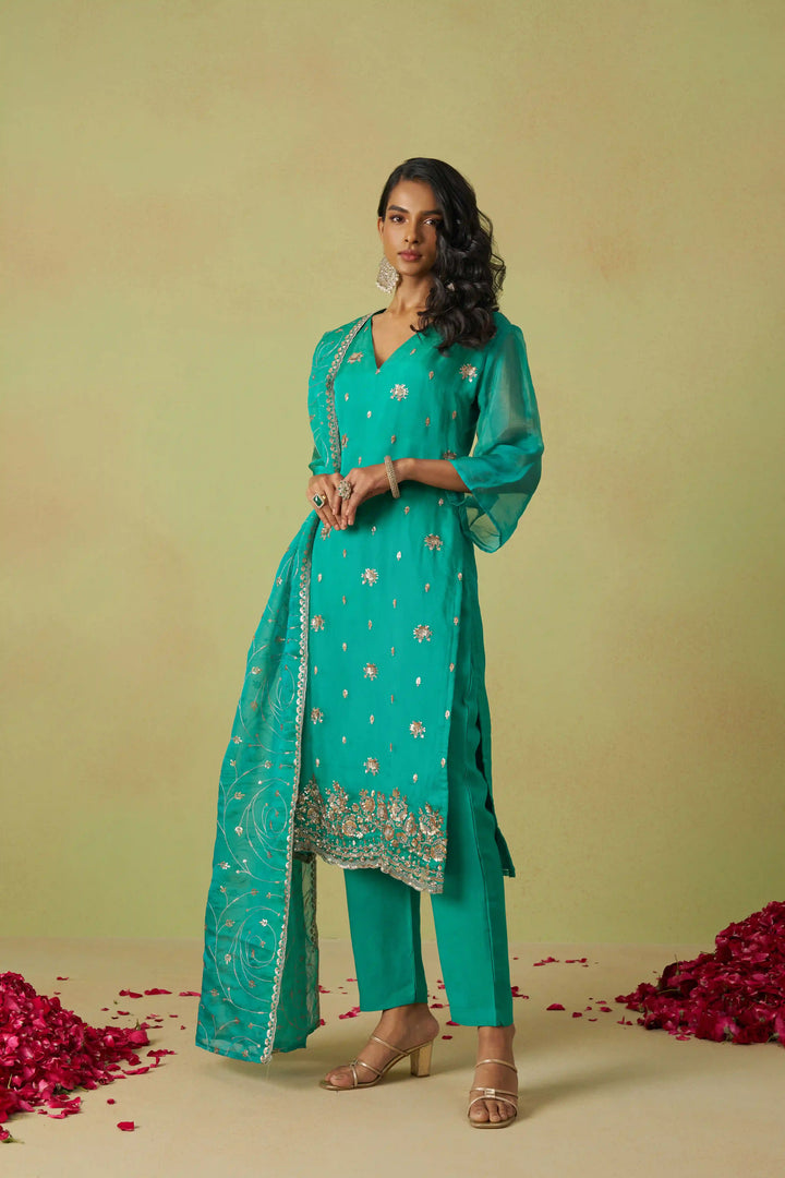 Festive Shimmer Organza Suit | Rayon Bottom & Designer Embroidery Detailing